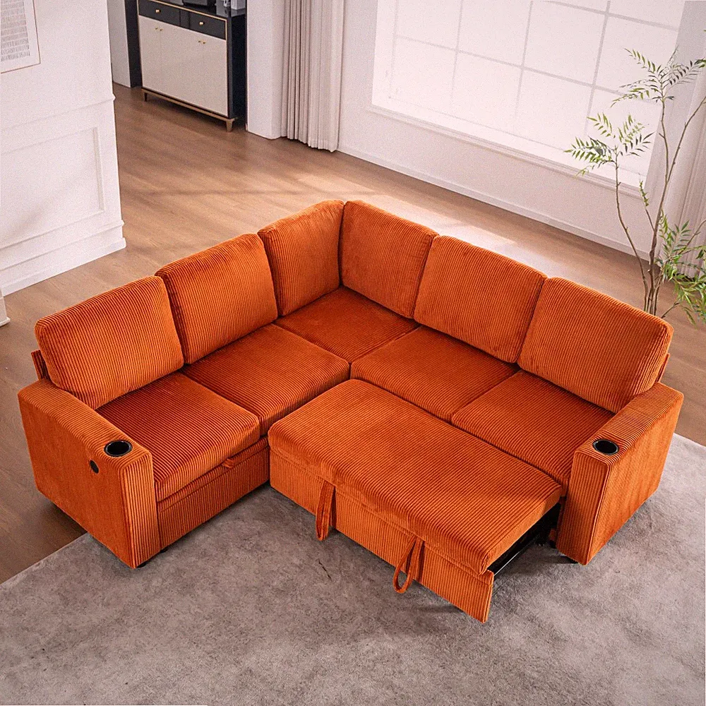 Sectional Sofa Bed Convertible w/ Pull-Out Bed, Storage, USB & Cup Holders