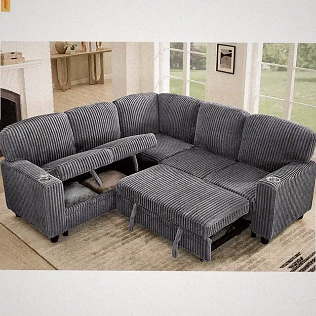 Sectional Sofa Bed L-Shape Corduroy Gray 5-Seat USB Storage
