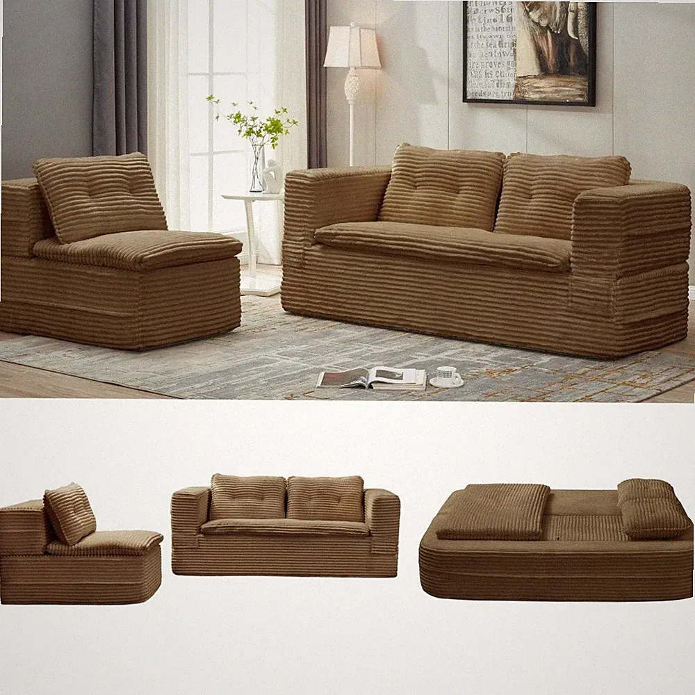 Sectional Sofa Bed with Chaise Lounge, 80" King Size, Camel Convertible Futon
