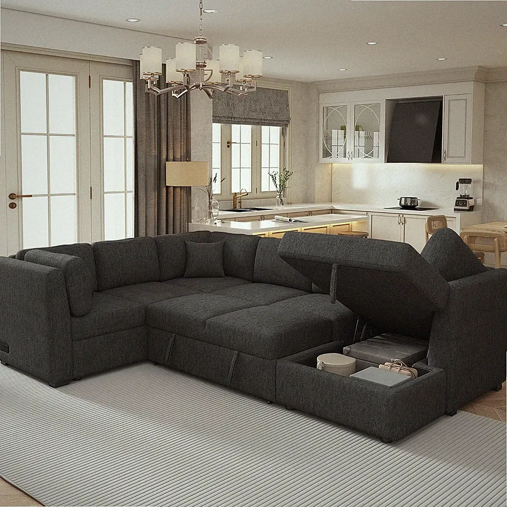 Sectional Sofa Bed with Storage Chaise, U Shaped Sectional Sofa with 3 Back Pill