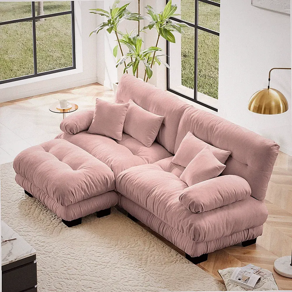 Sectional Sofa Cloud Curved Chenille Pink 2 Seat Convertible Ottoman