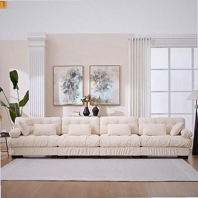 Sectional Sofa Cloud Modular Flannelette Beige 4 Seat 158 In 4 Pillows