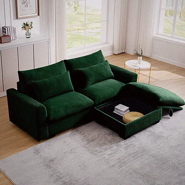 Sectional Sofa Comfy Corduroy Couch for Living Room with Pillows and Round Armre