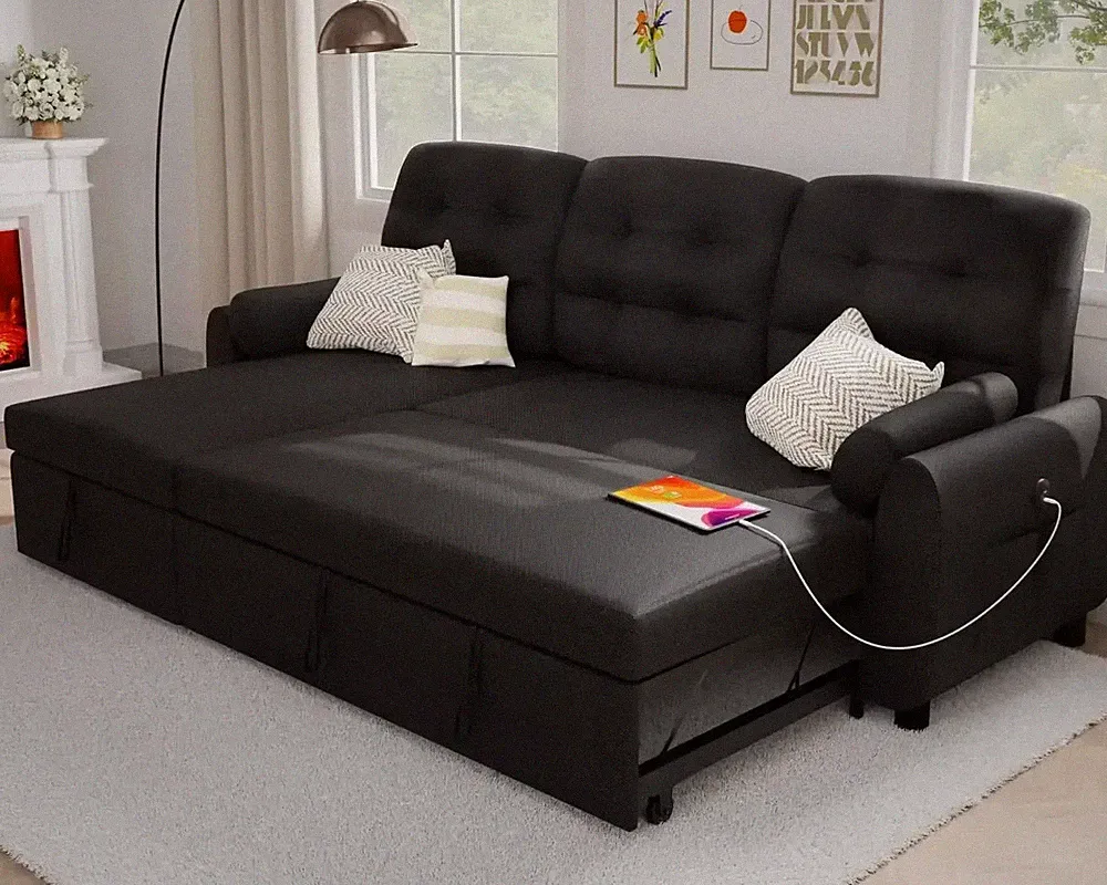Sectional Sofa Couch, 87' Sleeper Sofa Bed with Reversible Storage Chaise Pull O