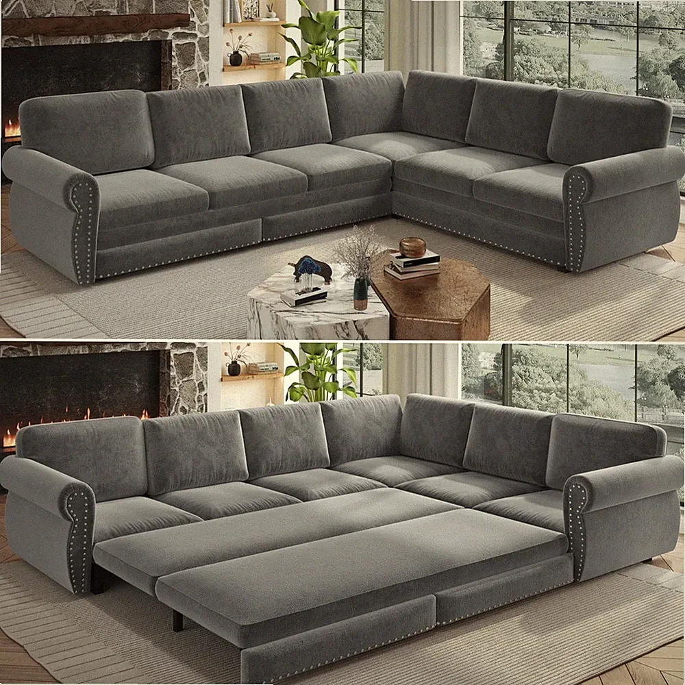 Sectional Sofa Couch, Oversized Chenille Sofa with Pull Out Sofa Bed for Livi...