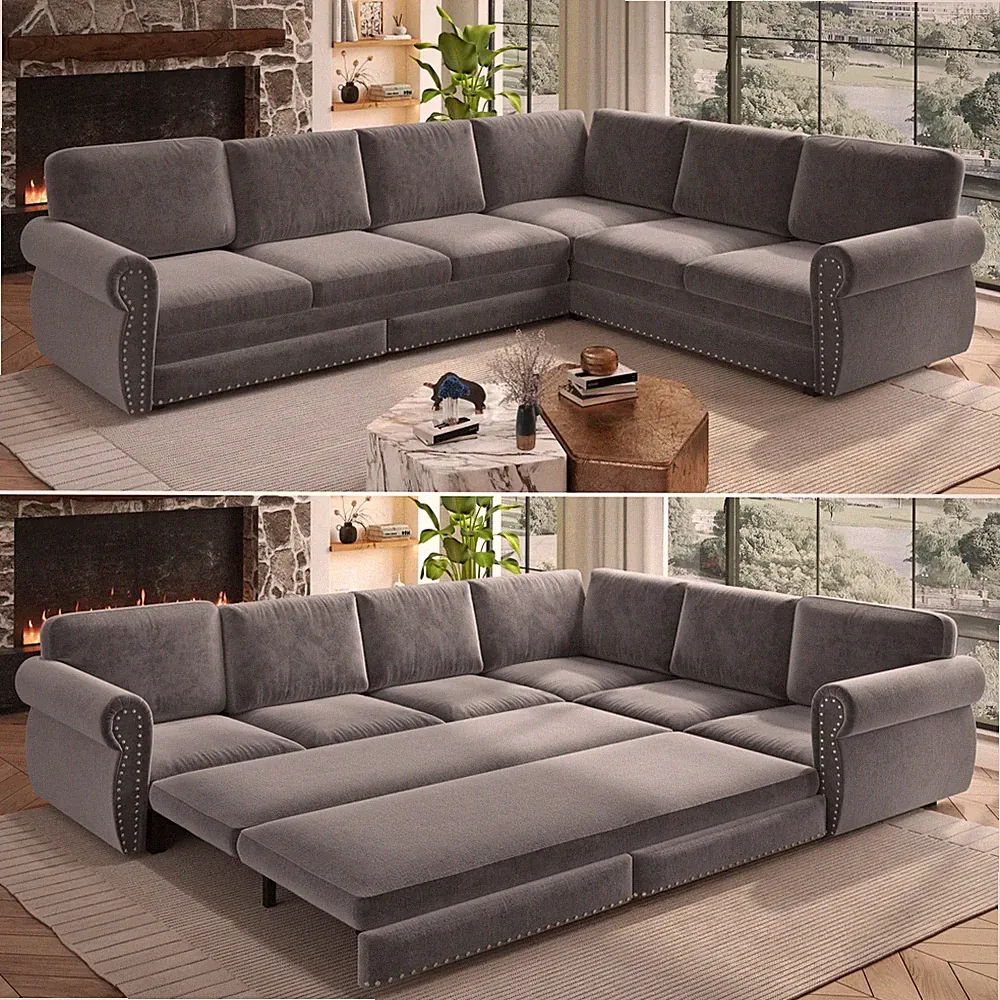 Sectional Sofa Couch, Oversized Chenille Sofa with Pull Out Sofa Bed for Livi...