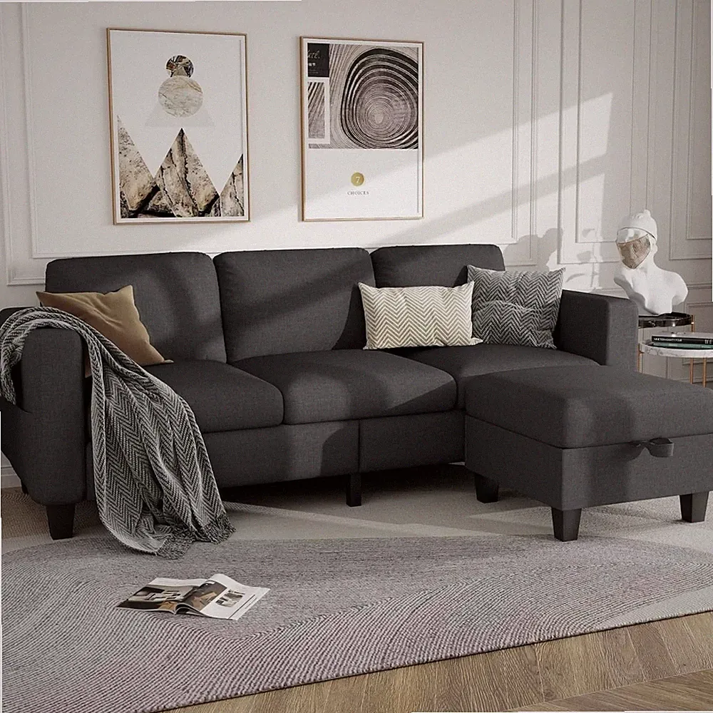 Sectional Sofa Couches L Shaped Cloud Couch-Small Modular 3 Seat-Comfy Linen