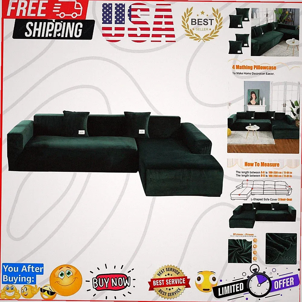 Sectional Sofa Cover 2 Piece Stretch Elastic 3 Seat Sectional L Shape Couch S...