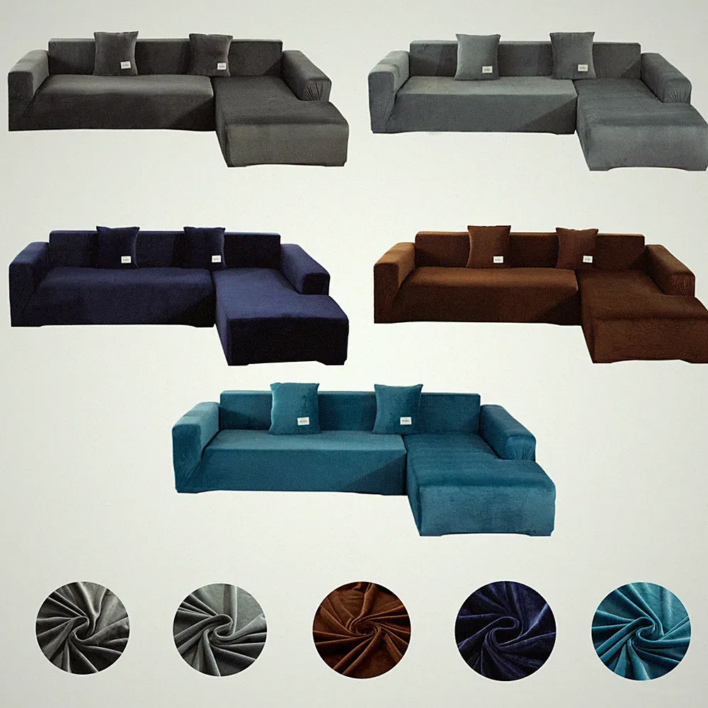 Sectional Sofa Covers Stretch Velvet L Shape Couch Slipcovers 3 Seater+4 Seater