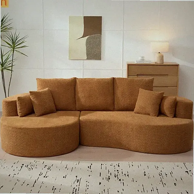 Sectional Sofa Curved Boucle Camel 4 Seat 106 In Chaise 7 Pillows