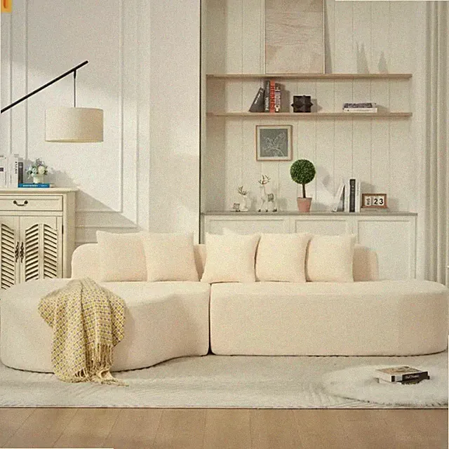 Sectional Sofa Curved Chaise Chenille Ivory 3 Seat 112 In 5 Pillows