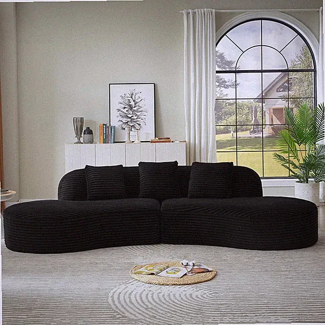 Sectional Sofa Curved Corduroy Black 4 Seat 123 In No Assembly
