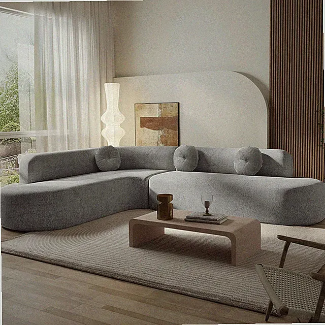 Sectional Sofa Curved Corner Chenille Gray 4 Seat 122 In 3 Pillows