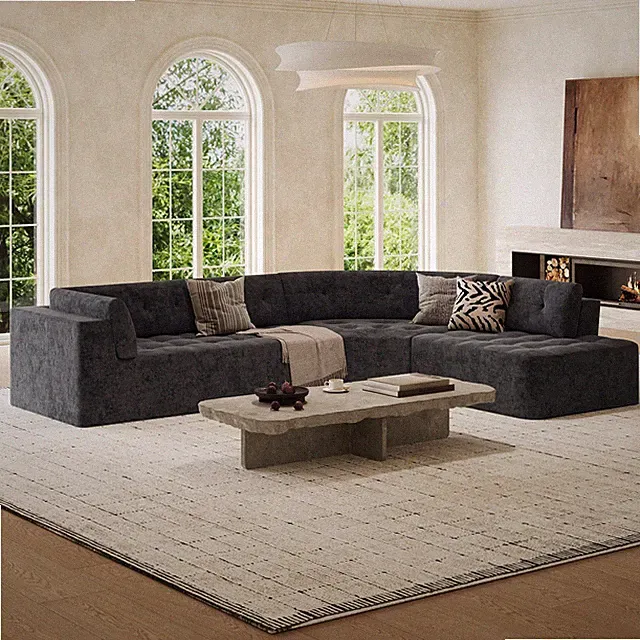 Sectional Sofa Curved L-Shape Chenille Gray 4 Seat 119 In Tufted