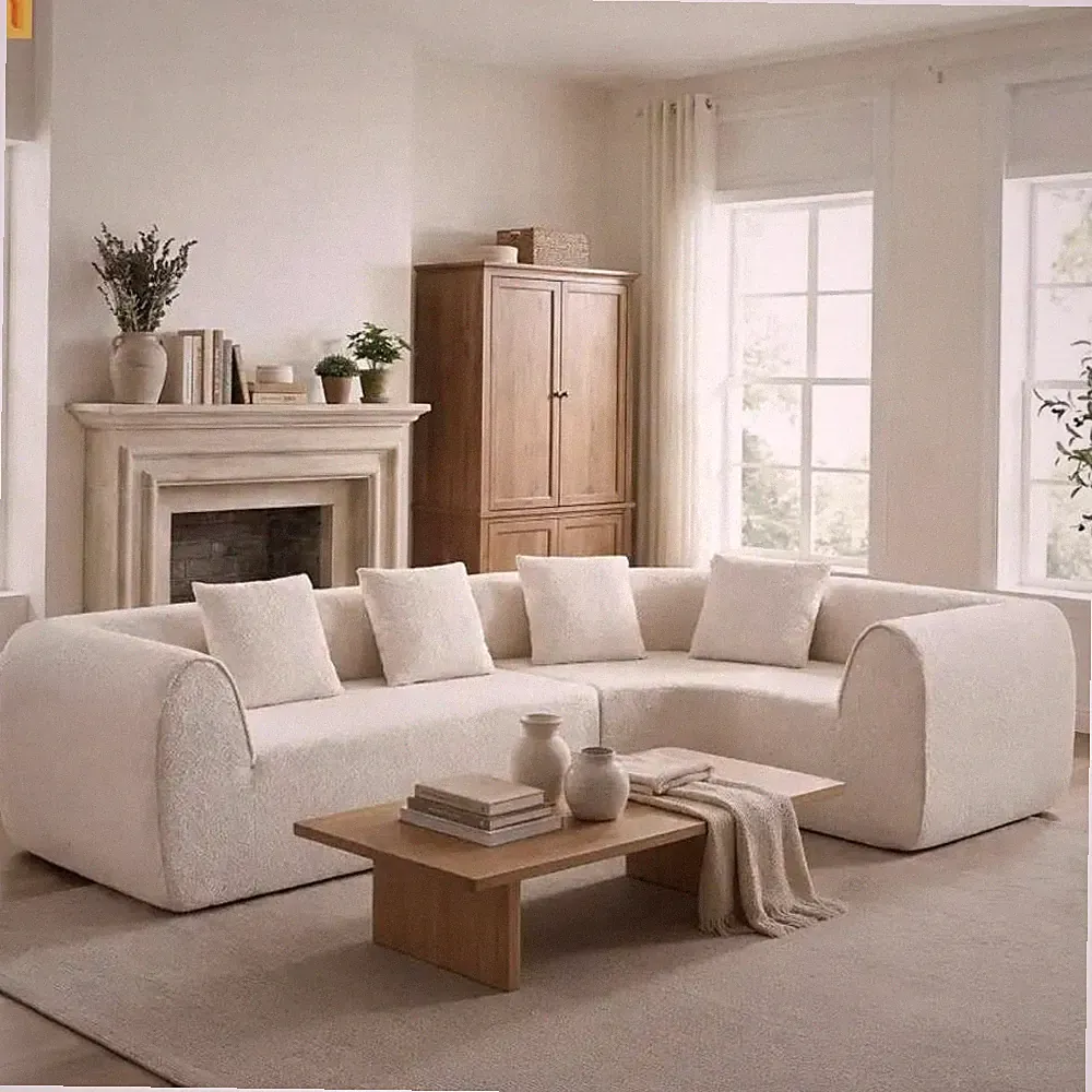 Sectional Sofa Curved L-Shape High-Density Foam Almond 4 Seat 110 In