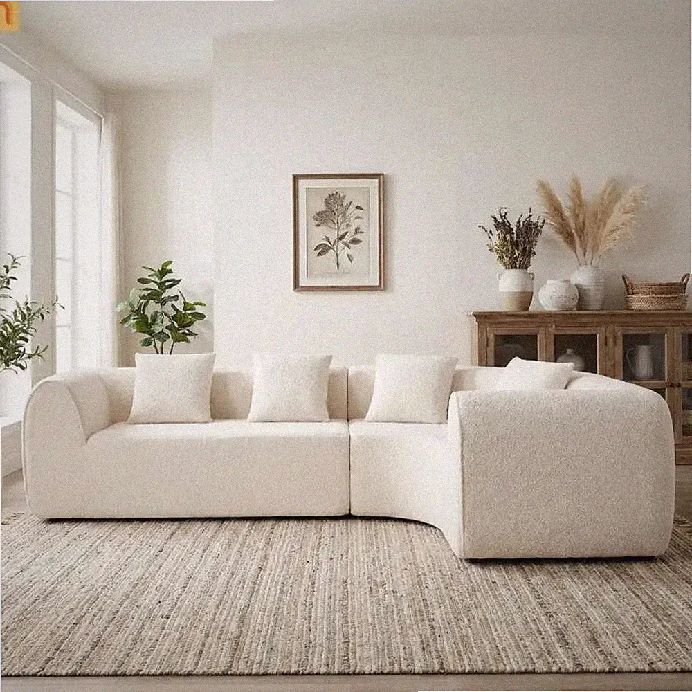 Sectional Sofa Curved L-Shape High-Density Foam White 4 Seat 110 In