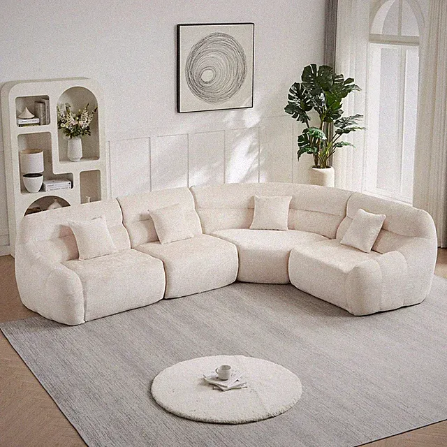 Sectional Sofa Curved Modular Chenille Beige 4 Seat 900 LB No Assembly