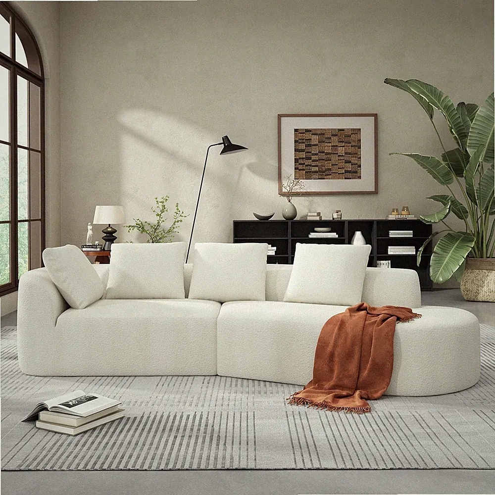 Sectional Sofa Curved Pearl Polyester Beige 3 Seat Right Chaise 116 In