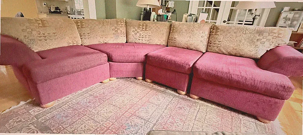 Sectional sofa- Family room custom crafted/cranberry/multi-color pillows