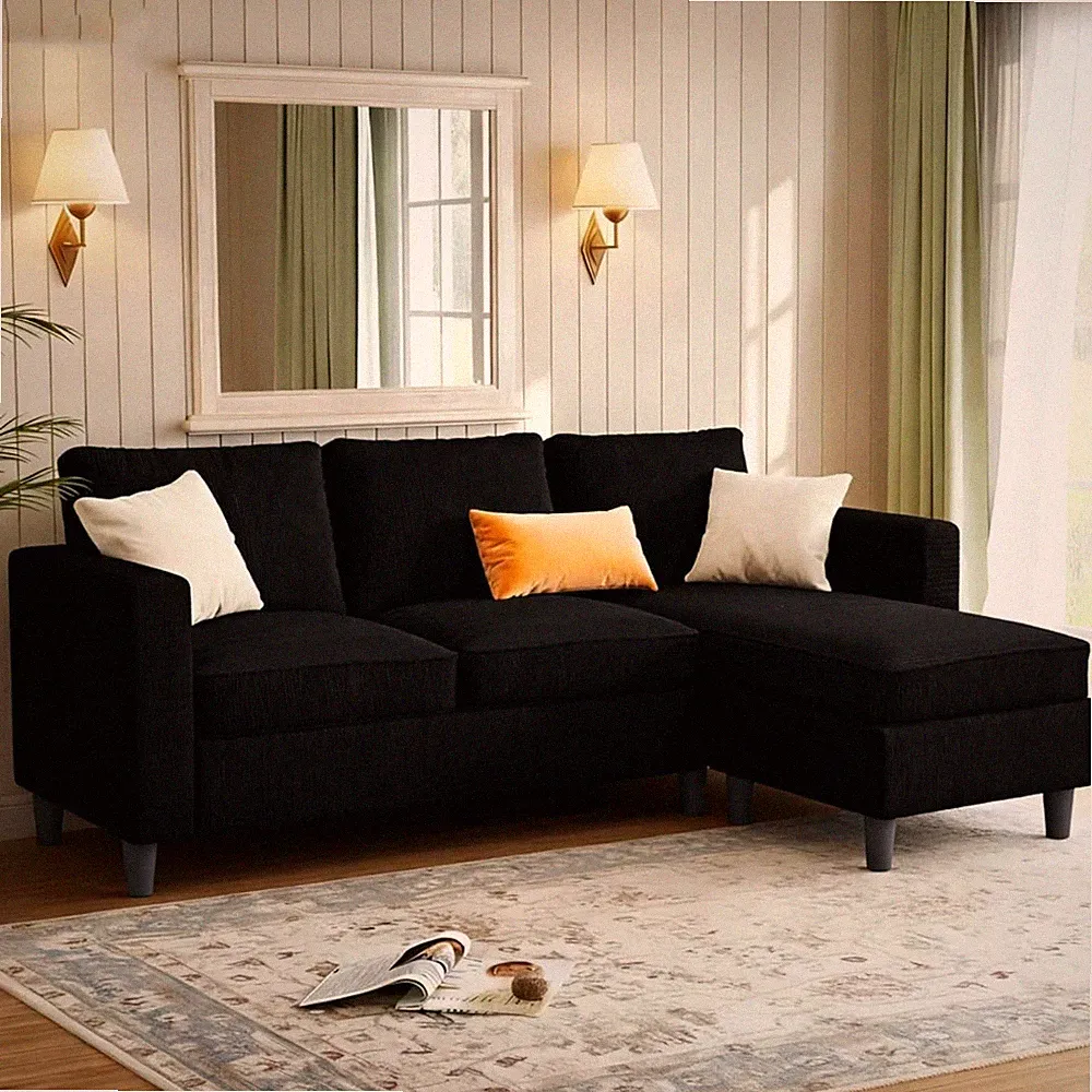 Sectional Sofa for Living Room, 3-Seat Reversible Couch with Convertible Ottoman