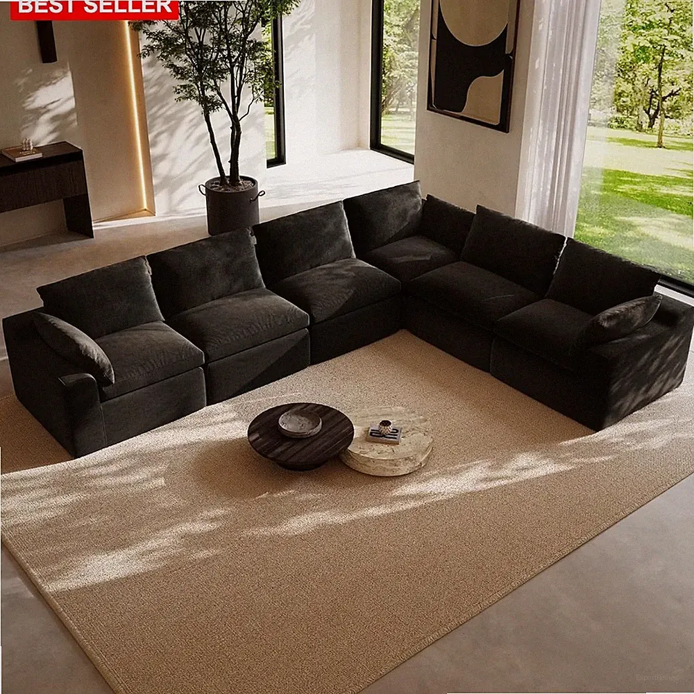 Sectional Sofa L Shape 6 Seater Chenille Dark Grey Soft Support Foam