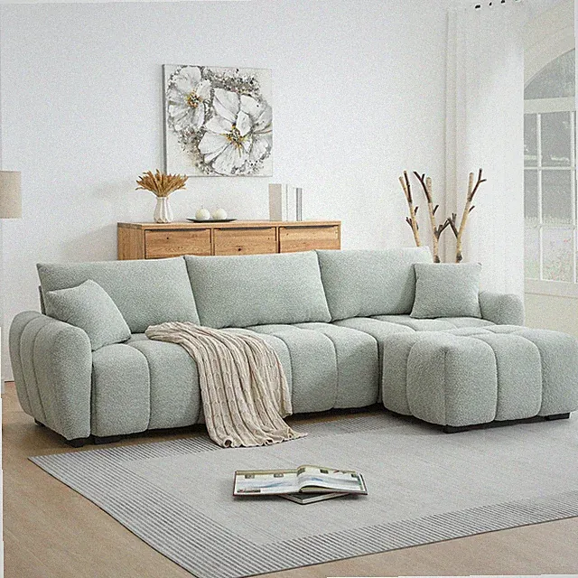Sectional Sofa L-Shape Boucle Light Green 4 Seat Ottoman 110 In