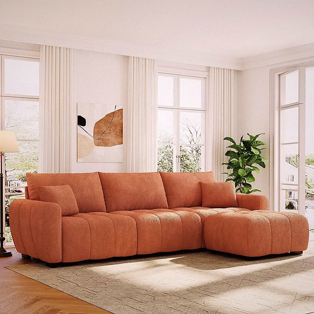 Sectional Sofa L-Shape Boucle Orange 4 Seat Ottoman 110 In