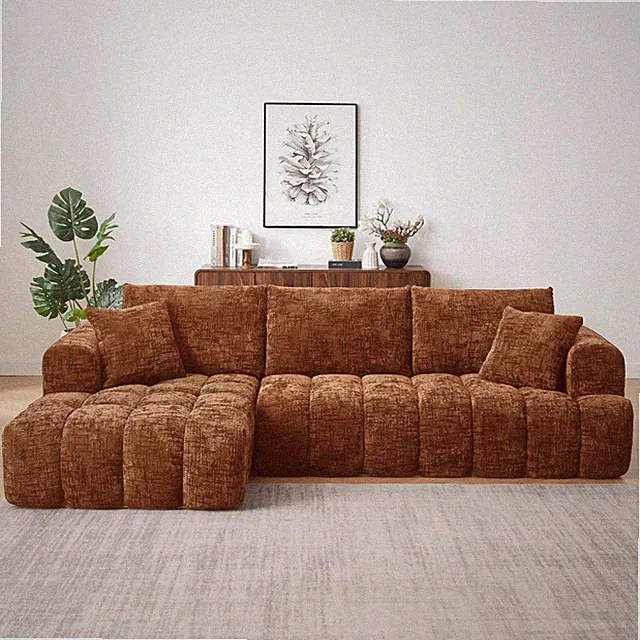Sectional Sofa L-Shape Chenille Orange 4 Seat 108 In No Assembly