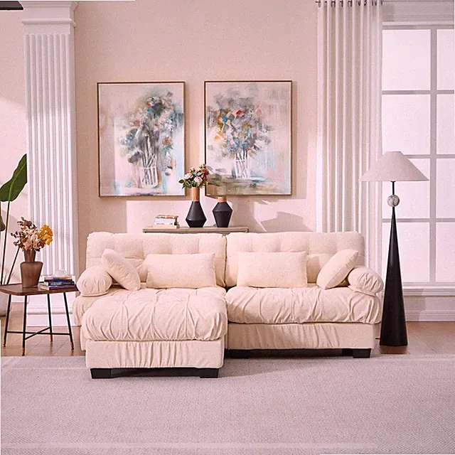 Sectional Sofa L-Shape Cloud Flannelette Beige 3 Seat 88 In 4 Pillows