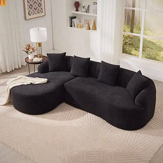 Sectional Sofa L-Shape Curved Chaise Chenille Black 3 Seat 99 In