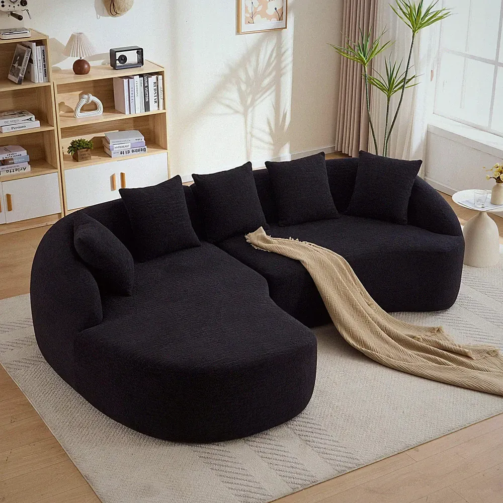 Sectional Sofa L-Shape Curved Chaise Chenille Black 5 Seat 106 In