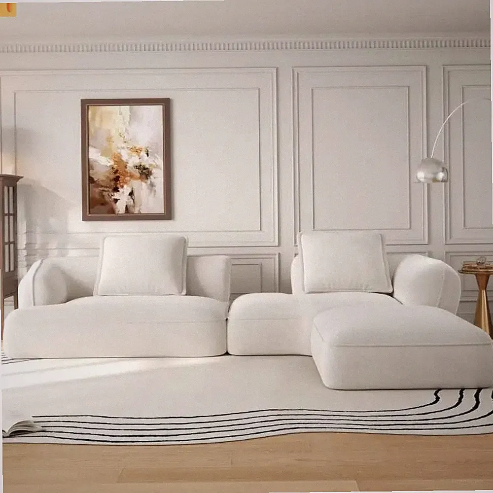 Sectional Sofa L-Shape Deep Seat Polyester Beige 4 Seat 121 In