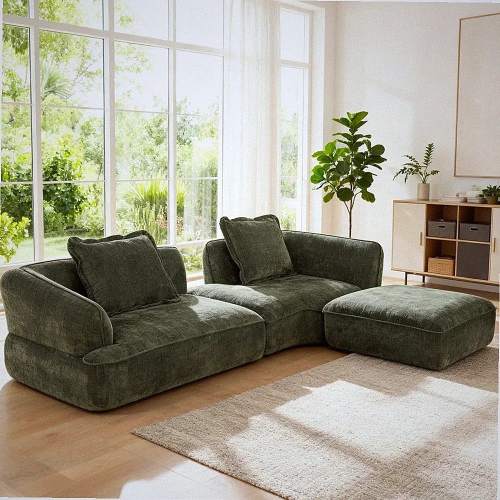 Sectional Sofa L-Shape Deep Seat Polyester Green 4 Seat 121 In