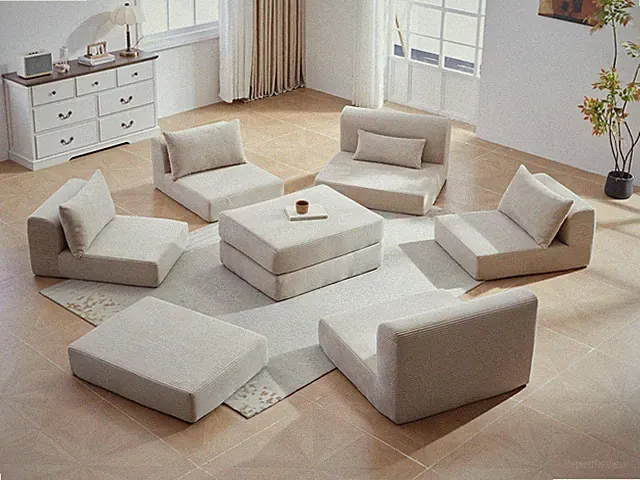 Sectional Sofa L-Shape Fabric Camel 4 Seat 100 In 5 Pillows No Assembly