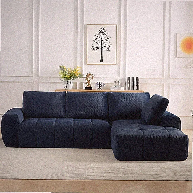 Sectional Sofa L-Shape Faux Fur Dark Blue 4 Seat Sleeper No Assembly