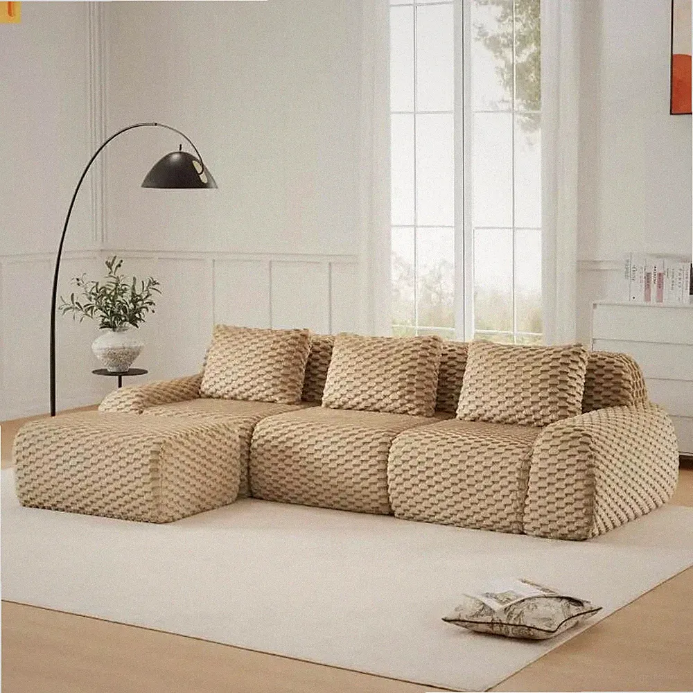 Sectional Sofa L-Shape Flannelette Light Camel 3 Seat with Ottoman