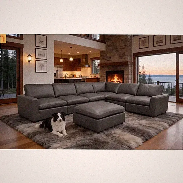 Sectional Sofa L-Shape Leather Match Blue Gray 7-Seat 152in