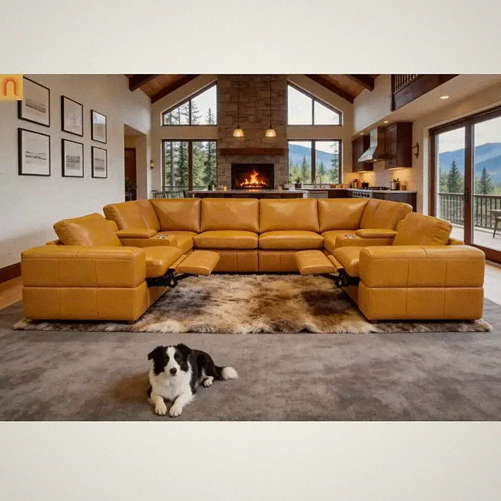 Sectional Sofa L-Shape Leather Match Ginger 2 Recliners 128in