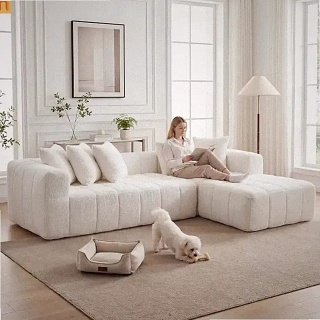 Sectional Sofa L-Shape Minimalist White 4 Seat 108 In No Assembly