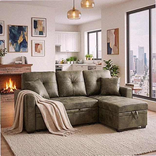 Sectional Sofa L-Shape Olive Green Sleeper 71