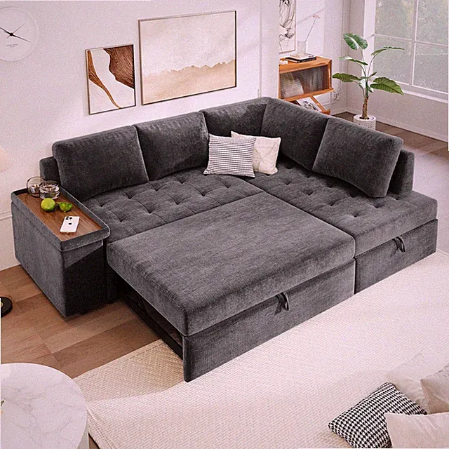 Sectional Sofa L-Shape Pull-Out Sleeper Polyester Gray 3 Seat 91 In