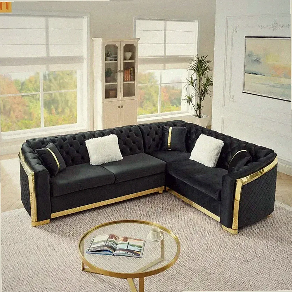 Sectional Sofa L-Shape Velvet Black Gold Steel Tufted 106in