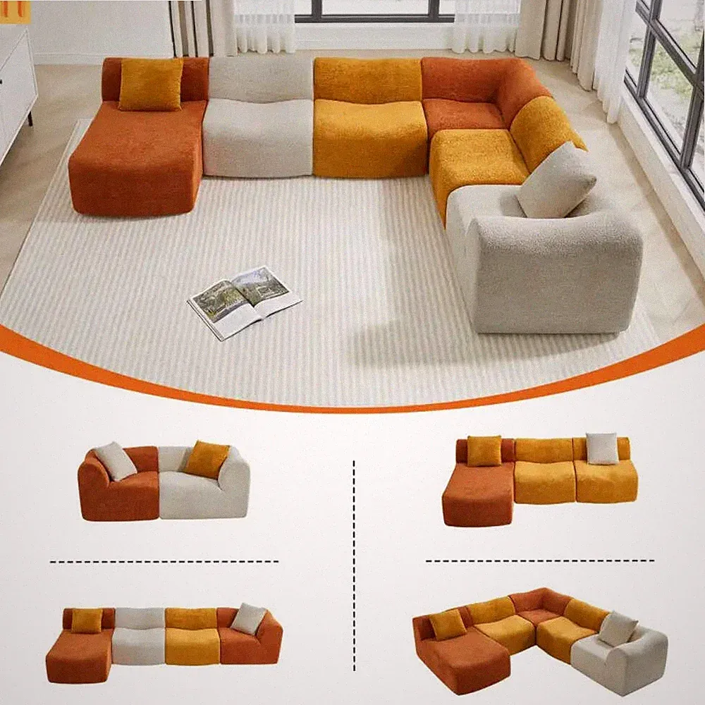 Sectional Sofa L-Shape Velvet Color-Block 6 Seat 129 In No Assembly