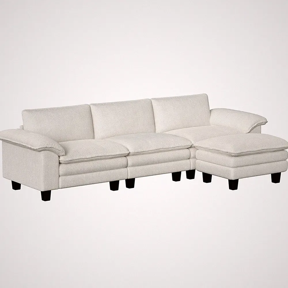 Sectional Sofa, L Shaped Couch with Deep Seat, Ottoman, Beige