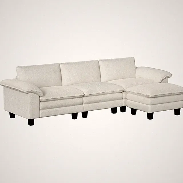 Sectional Sofa, L Shaped Couch with Deep Seat, Ottoman, Beige