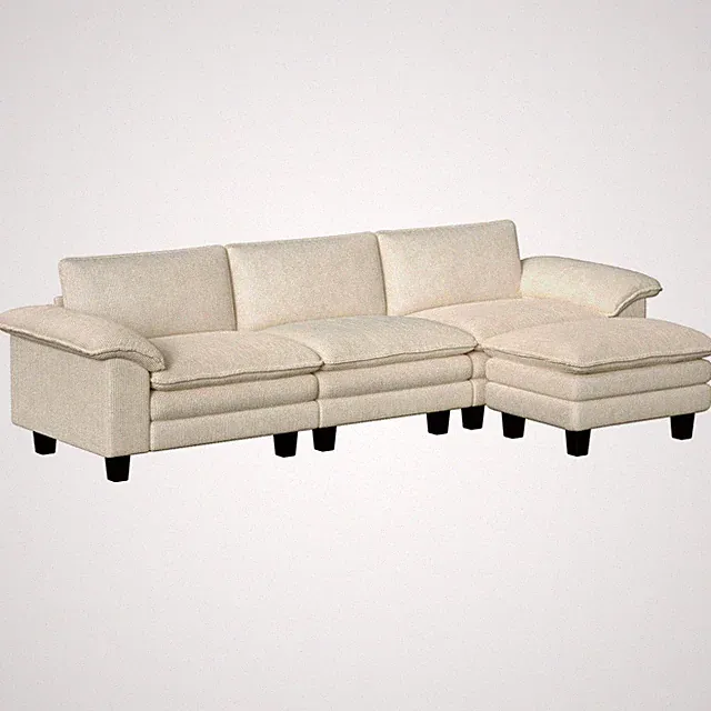 Sectional Sofa, L Shaped Couch with Deep Seat, Ottoman, Beige