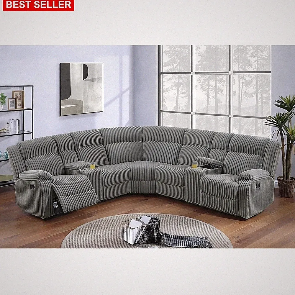 Sectional Sofa Large Capacity Power Reclining Corduroy Supportive Cushioned S...