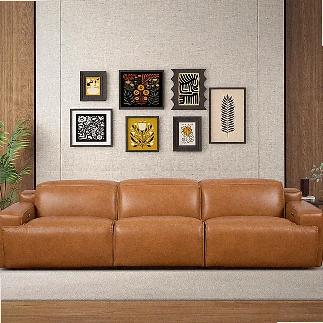 Sectional Sofa Leather Urbana Triple Recliner Modern Style Home Decor, Tan