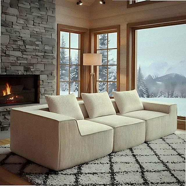 Sectional Sofa Minimalist Corduroy Beige 3 Seat 111 In