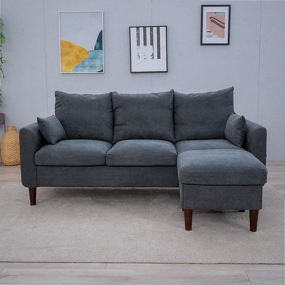 Sectional Sofa Modern Deep 3-Seat Couch with Ottoman Grey Linen Curved Arms